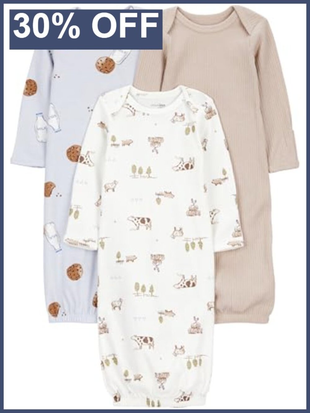 Cotton Blend Baby Sleeper Gown 3-Pack, Elasticized Hem, Lap Shoulders, Tagless,